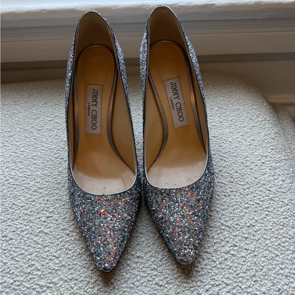 Jimmy Choo Silver Pink Blue glitter heels romy style